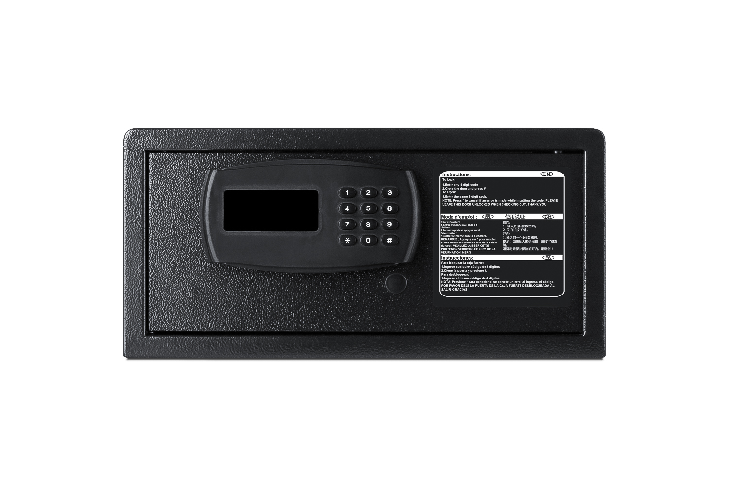 In-room hotel safe in black with digital keypad lock